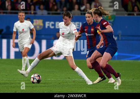 28. März 2024; Estadi Johan Cruyff, Barcelona, Spanien, UEFA Women's Champions League Football, Barcelona gegen SK Brann; Rakel Engesvik kontrolliert den Pass Stockfoto