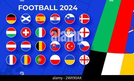 Fußball 2024 letzte Bühnengruppen. Tabelle der Endrunde der Fußballmeisterschaft 2024. Nationalmannschaften mit Flaggensymbolen. Stock Vektor