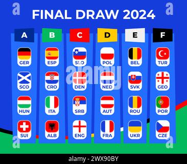 Fußball 2024 letzte Bühnengruppen. Tabelle der Endrunde der Fußballmeisterschaft 2024. Nationalmannschaften mit Flaggensymbolen. Stock Vektor