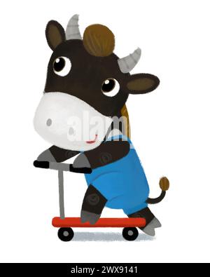 Zeichentrickszene mit Bauernhof Kuh Stier Büffel Junge Kind reitet auf Roller Transport Illustration für Kinder Stockfoto