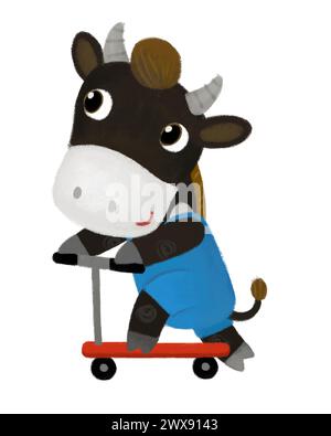 Zeichentrickszene mit Bauernhof Kuh Stier Büffel Junge Kind reitet auf Roller Transport Illustration für Kinder Stockfoto