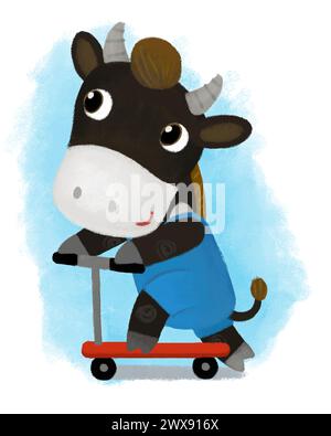 Zeichentrickszene mit Bauernhof Kuh Stier Büffel Junge Kind reitet auf Roller Transport Illustration für Kinder Stockfoto