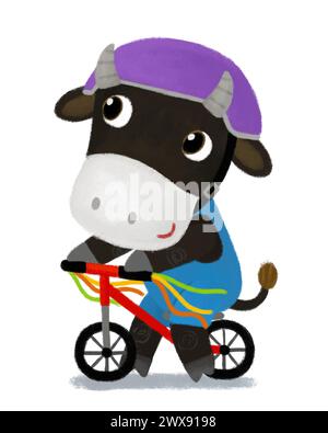 Zeichentrickszene mit Bauernjungen Kuhbullen, die auf einer Fahrradillustration für Kinder reiten Stockfoto