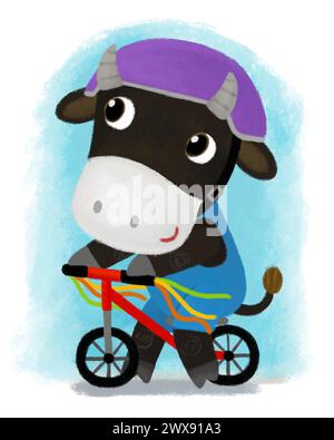 Zeichentrickszene mit Bauernjungen Kuhbullen, die auf einer Fahrradillustration für Kinder reiten Stockfoto