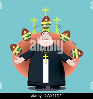 Fröhlicher Priester mit Kreuz jongliert ostereier Stock Vektor