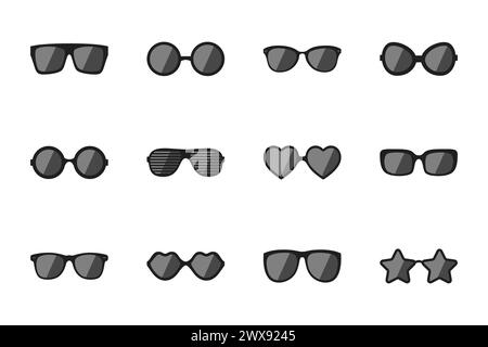 Vektorbrille Modellsymbole. Mann, Frauenrahmen, Sonnenbrille In Verschiedenen Formen. Schwarze Brillen Isoliert. Brillen Silhouetten Stock Vektor