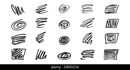 Pinsel und Elemente für Notizen, die Text hervorheben. Quadrate Kreise Linien wellige Konturen. Vektorabbildung... Stock Vektor