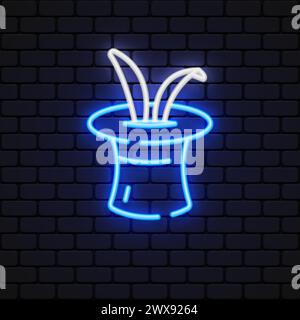Magier Topper Hut und Zauberstab Neon Schild. Magisches Design. Nachtschild in leuchtendem Neonlicht. Vektorabbildung Stock Vektor