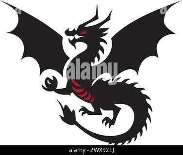 Entfesseln Sie die mythische Kraft Ihrer Marke mit unserer Dragon Silhouette Logo Vorlage im Vektorformat. Dieses fesselnde Emblem strahlt Kraft, Mysterium aus, Stock Vektor