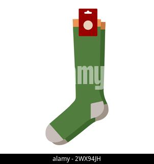 Grüne Socken mit Logo-Tag Strumpfwaren Crew-Länge. Mode Accessoire Kleidung technische Illustration Strumpf. Vektor, Seitenansicht für Männer, Frauen, Unisex-Stil, flache Vorlage Modell Skizze Umriss isoliert Stock Vektor
