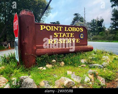 Schild am Eingang zum Point Lobos State Natural Reserve, Carmel-by-the-Sea, Kalifornien, USA Stockfoto