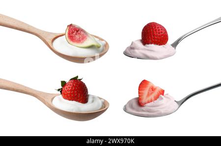 Verschiedene köstliche Joghurts in Löffeln isoliert auf weiß, Set Stockfoto