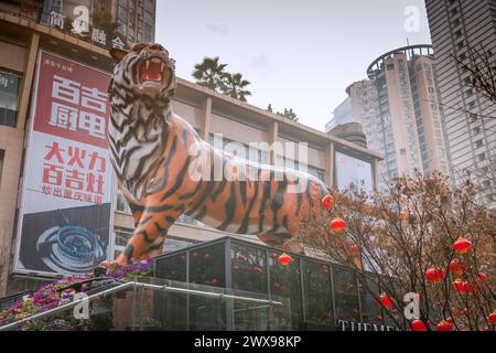 Chongqing, CHINA - 10. Mai 2021 : Tiger in der Jiefangbei Fußgängerzone Chongqing ein berühmtes Einkaufs- und Reiseziel in der Innenstadt i Stockfoto