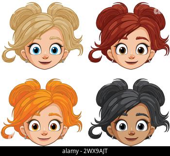 Vier weibliche Cartoon-Gesichter mit verschiedenen Frisuren. Stock Vektor