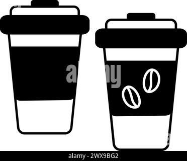 2 Einweg-Kaffeetassen in Schwarz und weiß mit Deckel in minimalistischem Stil. Design-Konzept mit Logo oder Icon. 2er-Set. Isolieren. EPS. Vektor für Aufkleber, Poster oder Karte, Banner, Preisschild, Etikett oder Web, aktion Stock Vektor