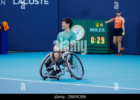 Miami, Florida, USA. März 2024. Shingo Kuneida (Japan) beim Finale des Men's Open Rollstuhl Invitational beim Tennis-Turnier Miami Open. (Kreditbild: © Richard Dole/ZUMA Press Wire) NUR REDAKTIONELLE VERWENDUNG! Nicht für kommerzielle ZWECKE! Stockfoto