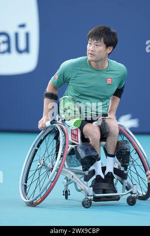 Miami, Florida, USA. März 2024. Shingo Kuneida (Japan) beim Finale des Men's Open Rollstuhl Invitational beim Tennis-Turnier Miami Open. (Kreditbild: © Richard Dole/ZUMA Press Wire) NUR REDAKTIONELLE VERWENDUNG! Nicht für kommerzielle ZWECKE! Stockfoto