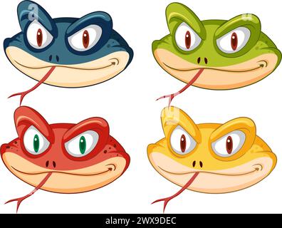 Vier leuchtende Frösche mit ausdrucksstarken Gesichtern Stock Vektor