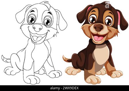 Zwei Zeichentrickhunde, ein farbiger und ein Strichbild. Stock Vektor