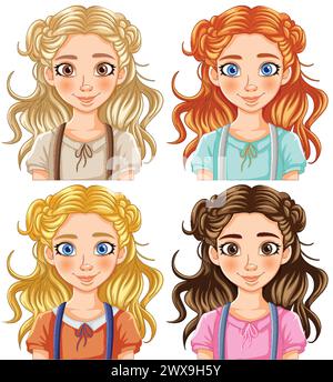 Vier Zeichentrickmädchen mit verschiedenen Frisuren und Kleidern. Stock Vektor