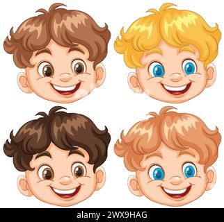 Vier fröhliche Zeichentrickjungen mit verschiedenen Frisuren Stock Vektor