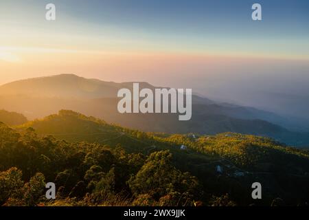 Wunderschöner Sonnenaufgang über Hügeln mit Teeplantagen in der Nähe von Haputale in Sri Lanka. Stockfoto