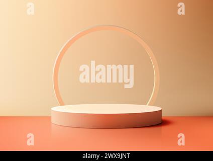 Realistische 3D-Podiumplattform in Orange mit kreisförmigem Hintergrund minimaler Wandszene auf beigefarbenem Hintergrund. Minimalistischer Stil, Schönheit, kosmetische Präsentation Stock Vektor