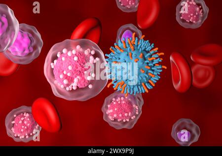 CAR-T-Zell-Therapie bei akuter lymphatischer Leukämie (ALL) - Nahaufnahme 3D-Illustration Stockfoto