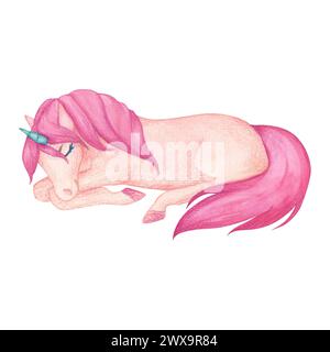 Aquarellillustration eines niedlichen schlafenden Einhorns in rosa und türkisfarbenen Farben. Märchenhafte Zeichentrickfigur zur Dekoration des Kinderzimmers Stockfoto