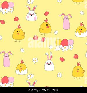 Nahtloses Muster mit weißen Hasen mit Gänseblümchen auf gelbem Hintergrund für Kinderprodukte. Süße Kaninchen für Babykleidung. Zeichentrickvektor-Illustration für den Druck von Verpackungen, Stoff und Textilien. Stock Vektor