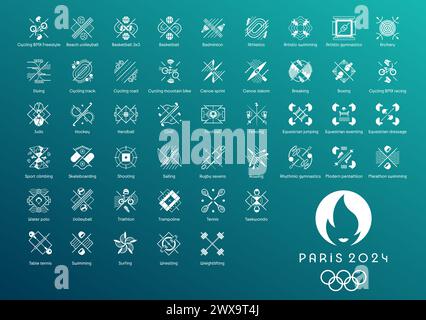 Piktogramme der Olympischen Spiele in Paris 2024. Offizielle Symbole. Vektorbild. Stock Vektor