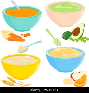 Schüsseln mit Baby- und Kleinkindfutter. Müsli, Obst und Gemüsepüree. Sammlung von Vektorillustrationen Stock Vektor