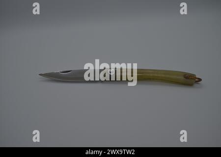 Ein offenes Taschenmesser auf weißem Hintergrund, das seine scharfe Klinge und sein vielseitiges Design für verschiedene Aufgaben freigibt. Stockfoto