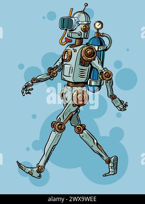 Der Vintage-Roboter wird mit Tauchausrüstung geliefert. Urlaubsauswahl Empfehlungssystem. Mesanismen für das Studium der Tiefsee. Pop Art Retro Vektor Illustration Stock Vektor