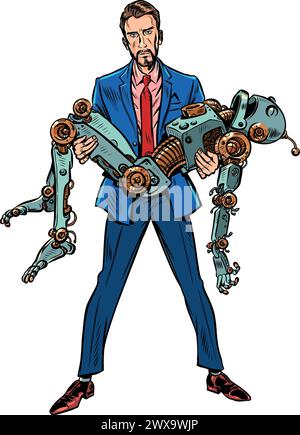 Ein Mann im Anzug trägt einen Vintage-Roboter in seinen Armen. Reparatur beschädigter Geräte. Der Tod der künstlichen Intelligenz. Pop Art Retro Vektor Illus Stock Vektor