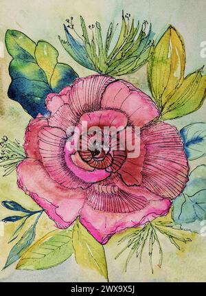 Leuchtende Rose mit Blättern, kritzelte Aquarelle. Die Dabbing-Technik in der Nähe der Kanten sorgt aufgrund der veränderten Oberflächenrauheit von t für einen weichen Fokus Stockfoto