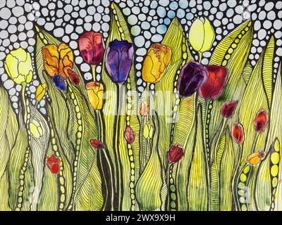 Dekorative Tulpen mit gekritzelten Blättern und Polka Dots. Die Dabbing-Technik in der Nähe der Kanten sorgt aufgrund der veränderten Oberflächenrauheit für einen weichen Fokus Stockfoto