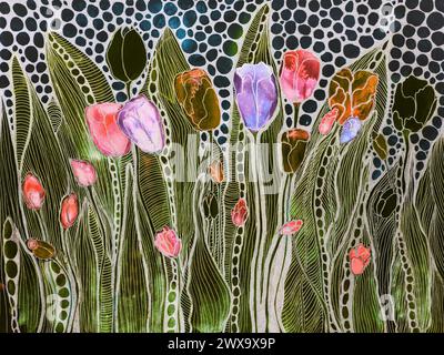 Tulpen mit Blättern in Strichgrafik und Punkten. Die Dabbing-Technik in der Nähe der Kanten sorgt aufgrund der veränderten Oberflächenrauhigkeit des PA für einen weichen Fokus Stockfoto