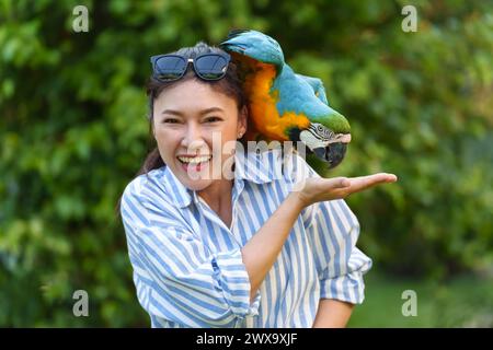 Glückliche Frau, die einen blau-gelben Ara (Ara ararauna) Vogel an der Hand füttert Stockfoto