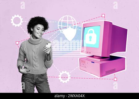 Trendkunstwerk Composite Sketch Bild 3D-Fotocollage der schwarz-weißen Smile Lady, die Nachricht im Telefonstand am alten Retro-Computermonitor gelesen hat Stockfoto