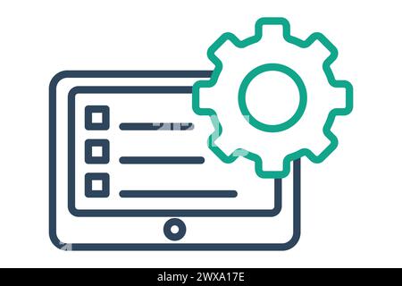 Symbol "Aktionsplan". Laptop und Checkliste mit Ausrüstung. Symbol, das sich auf das Geschäft bezieht. Liniensymbolstil. Elementabbildung. Stock Vektor