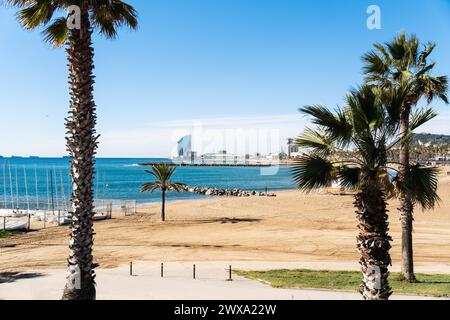 Blick vom Olympiahafen auf den Stadtstrand von Barcelona Barcelona Katalonien Spanien *** Blick vom Olympiahafen auf den Stadtstrand von Barcelona Ba Stockfoto