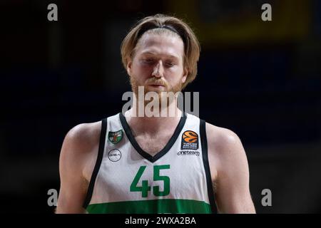 Belgrad, Serbien, 7. März 2023. Brady Manek von Zalgiris Kaunas reagierte während des Spiels 2023/2024 Turkish Airlines EuroLeague, Runde 28 zwischen Maccabi Playtika Tel Aviv und Zalgiris in der Aleksandar Nikolic Hall in Belgrad. März 2023. Quelle: Nikola Krstic/Alamy Stockfoto