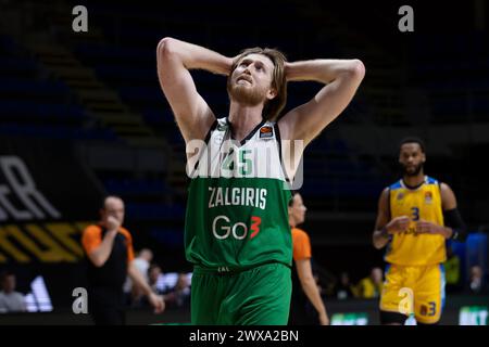 Belgrad, Serbien, 7. März 2023. Brady Manek von Zalgiris Kaunas reagierte während des Spiels 2023/2024 Turkish Airlines EuroLeague, Runde 28 zwischen Maccabi Playtika Tel Aviv und Zalgiris in der Aleksandar Nikolic Hall in Belgrad. März 2023. Quelle: Nikola Krstic/Alamy Stockfoto