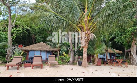 Ein Sandstrand mit Liegestühlen, die unter wogenden Palmen verstreut sind, bietet einen ruhigen Rückzugsort zum Entspannen und genießen Sie die Sonne und das Rauschen der Meereswellen. Koh Kradan Thailand Stockfoto