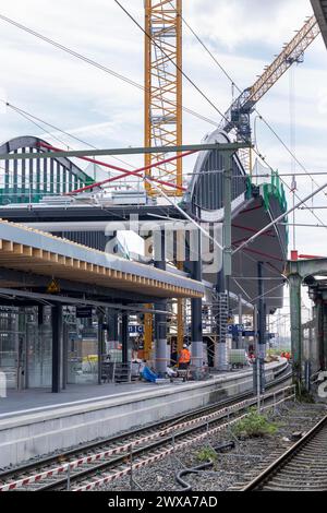 Modernisierung des Duisburger Hauptbahnhofs, die Bahnsteige der 13 Gleise werden erneuert, die alten Flachdächer werden durch Wellblech ersetzt Stockfoto