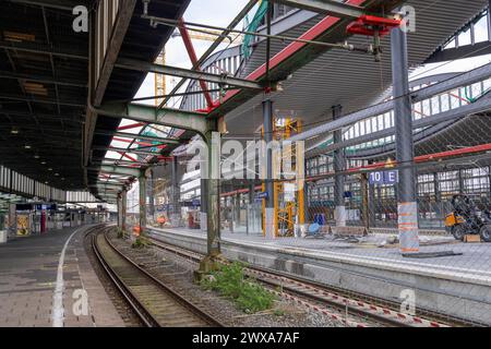 Modernisierung des Duisburger Hauptbahnhofs, die Bahnsteige der 13 Gleise werden erneuert, die alten Flachdächer werden durch Wellblech ersetzt Stockfoto