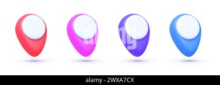 Position im 3D-Stil auf weißem Hintergrund festgelegt. Satz von hellen Kartenzeigern. Kartenzeiger 3D-Symbole. Vektorabbildung Stock Vektor
