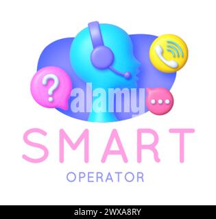 3D-Vektor-Illustration des Smart Operators. Kundendienst und mobile Support Landing-Page, Betreiber mit Kopfhörer Stock Vektor