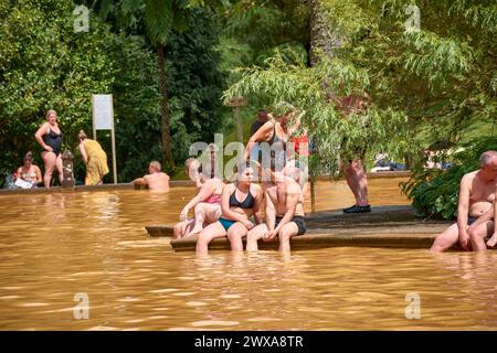 Furnas, Azoren, Juni, 06.2022; Landschaftsblick und Menschen, die im Thermalsee im Terra Nostra Park schwimmen, mit Wasser bei unterschiedlichen Temperaturen in unterschiedlichen Wassertemperaturen Stockfoto